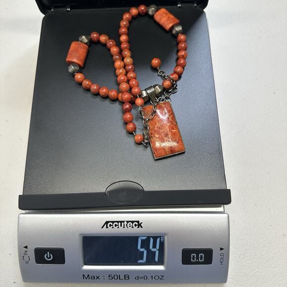 Red Coral Beaded Necklace with Coral Pendant SI 925 Sterling Silver Adjustable - Picture 7 of 7